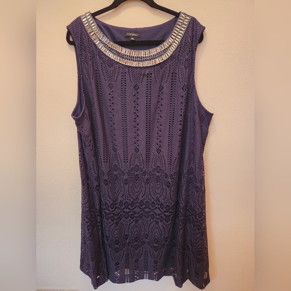 Navy Sleeveless Lace Dress with Beaded Neckline